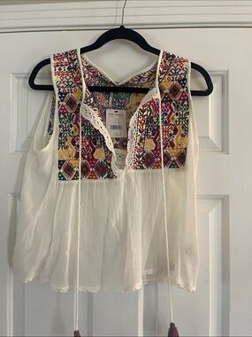 Free People Cream Gauze Camisole with Multicolor Embroidered Yoke